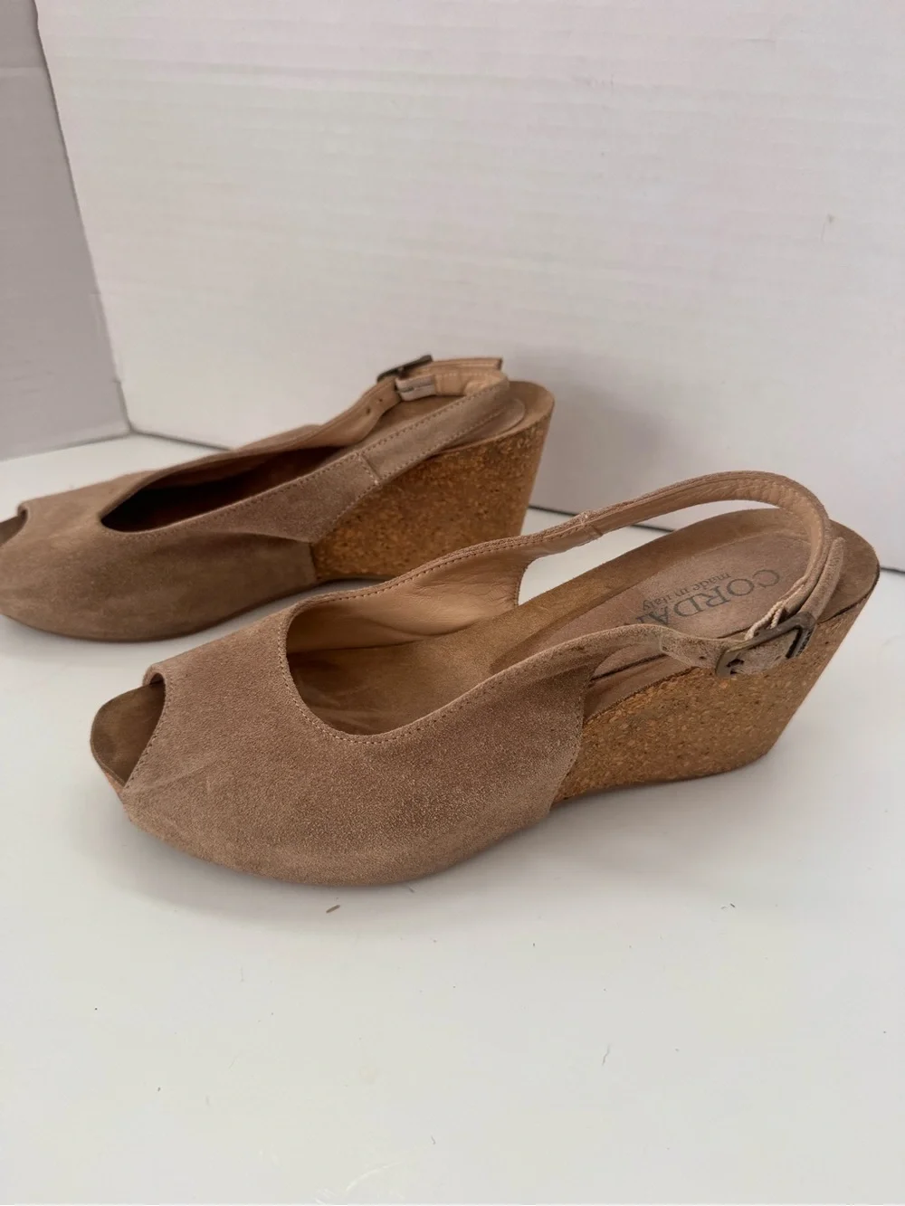 Cordani Italy Tan Suede Peep Toe Slingback Cork Wedge Sandals Size 40 US 9.5